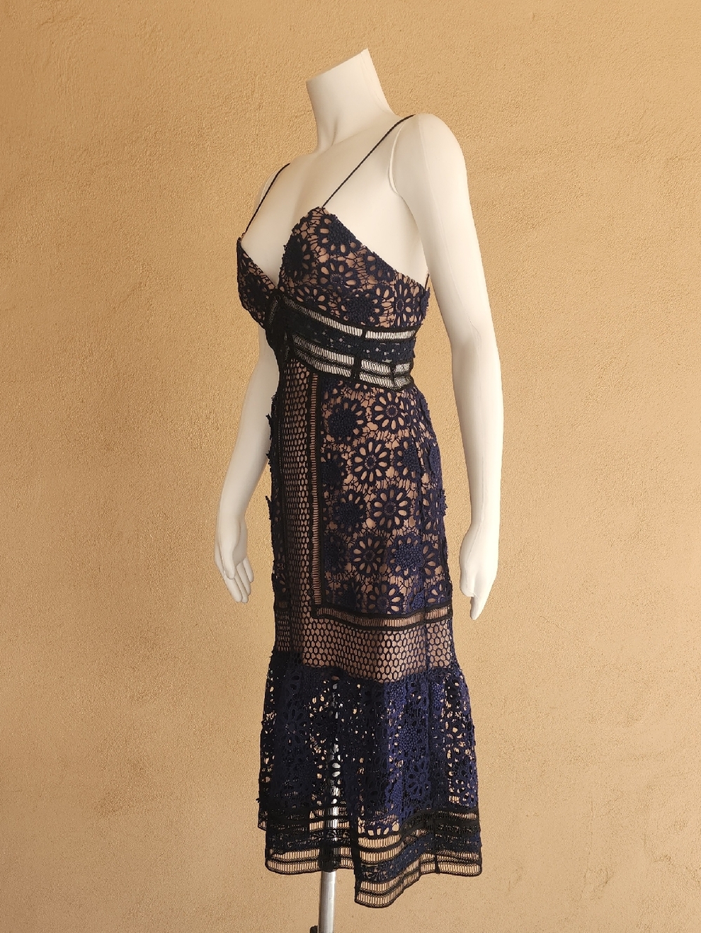 SELF-PORTRAIT Guipure Lace Midi Dress Size 0 Blue Nude Crochet A Line Party Wedd - Picture 10 of 15